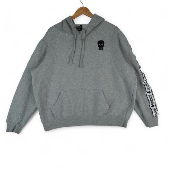 Marvel The Punisher Hoodie Mens XL Gray Sweatshirt Skull Graphic Sleeve Logo - Picture 2 of 9